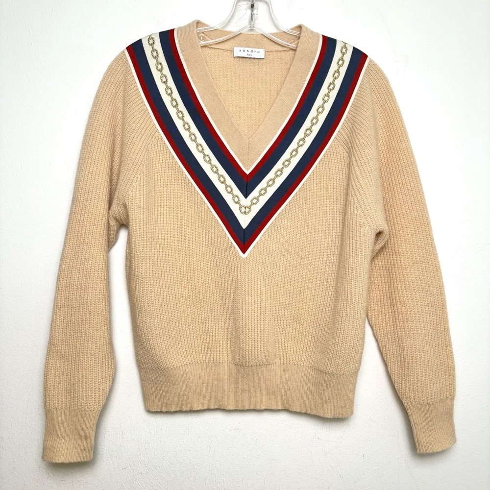 SANDRO V-neck Chain Link Jersey Stripe Preppy Old Money Wool Blend Sweater Small